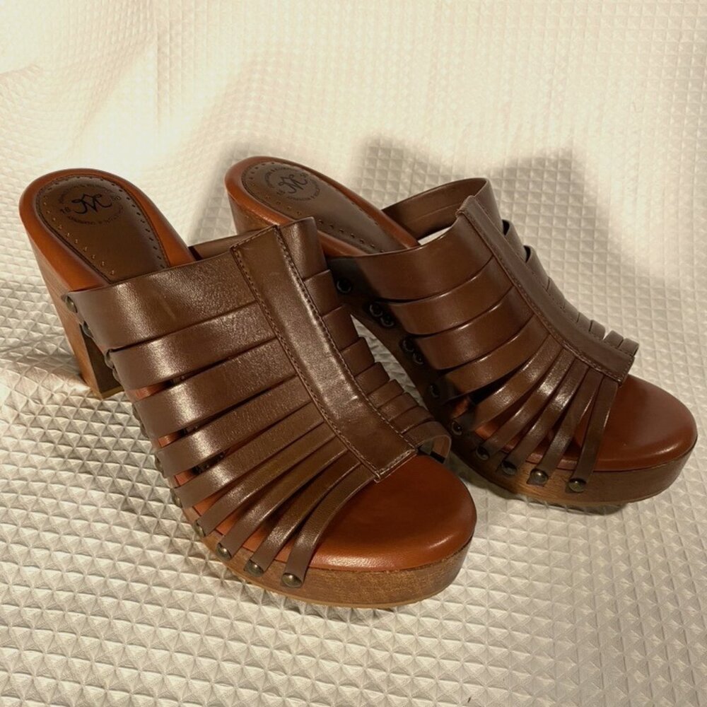 Leather Platform Wooden Heel Shoes